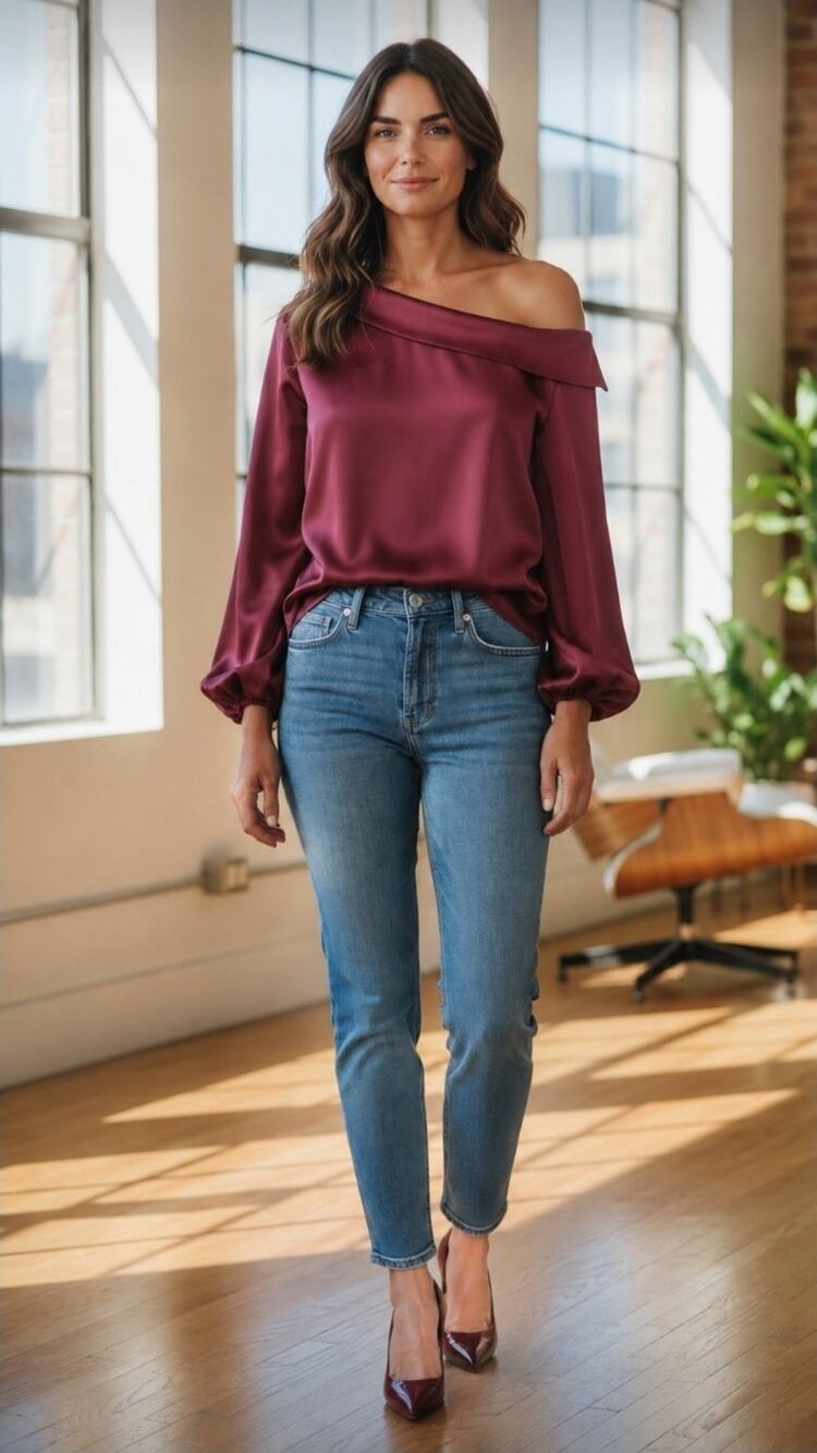 Express Satin Off-The-Shoulder Long Sleeve Burgundy Top NWT Size L